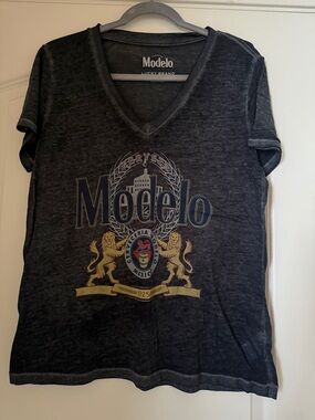 Luck Brand burnout Modelo Graphic V-Neck Tee - Charcoal with Gold Accents